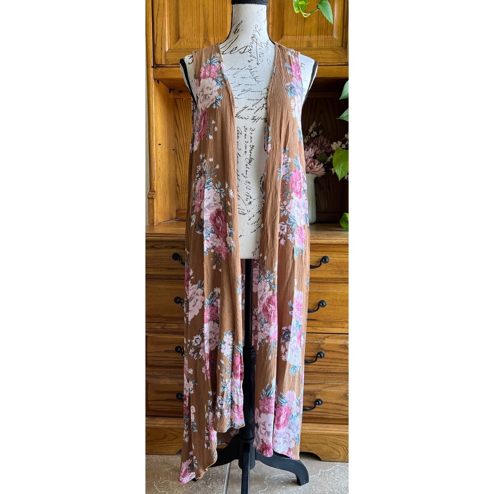 Torrid Brown Floral Gauze Sleeveless Maxi Kimono Vest Womens Plus 00/0 L/XL